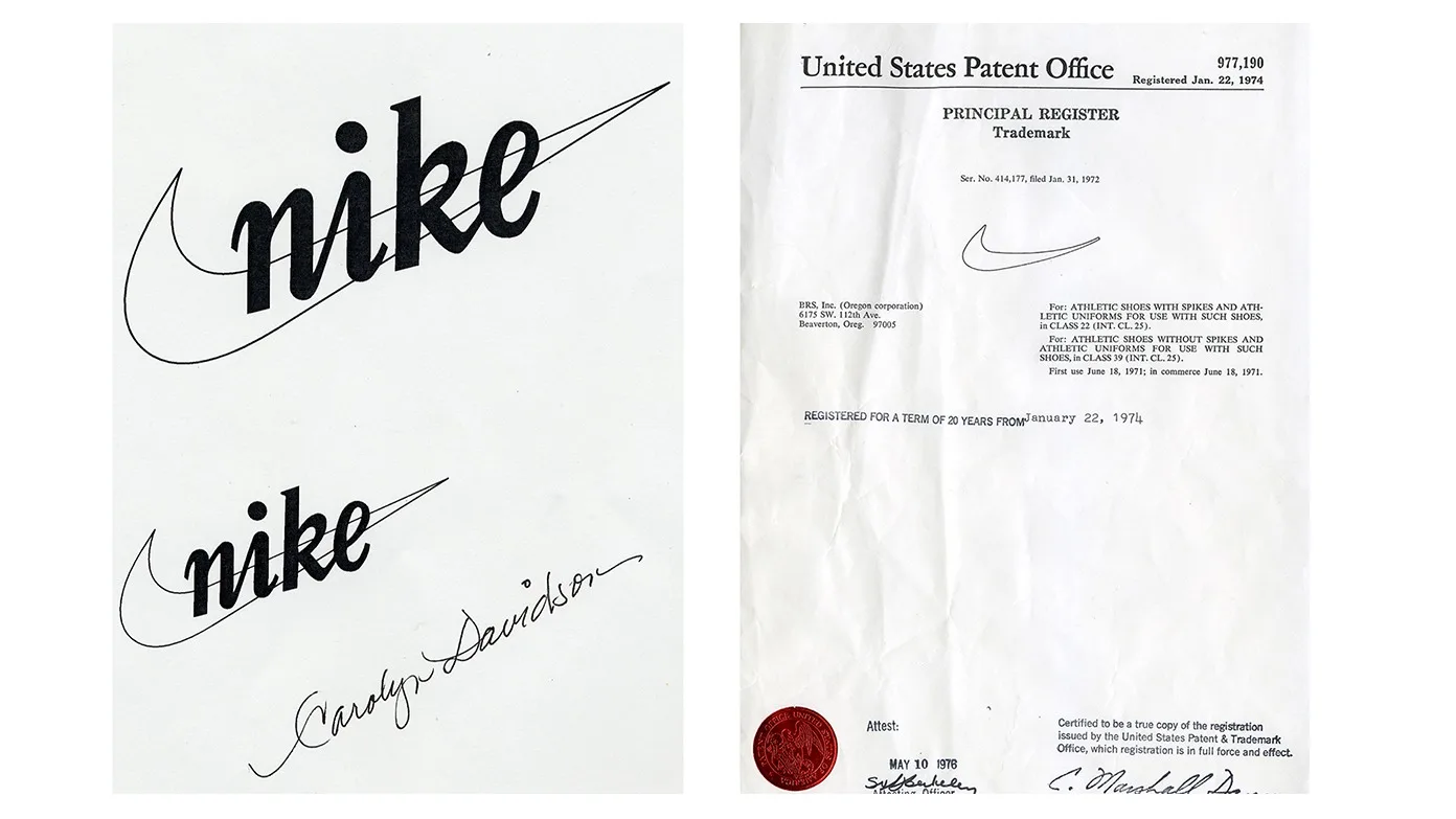 Two documents: on the left, black handwritten “nike” with a swoosh and “Carolyn Davidson” signature; on the right, a U.S. patent certificate with the Nike swoosh logo and official text, seal, and signatures.