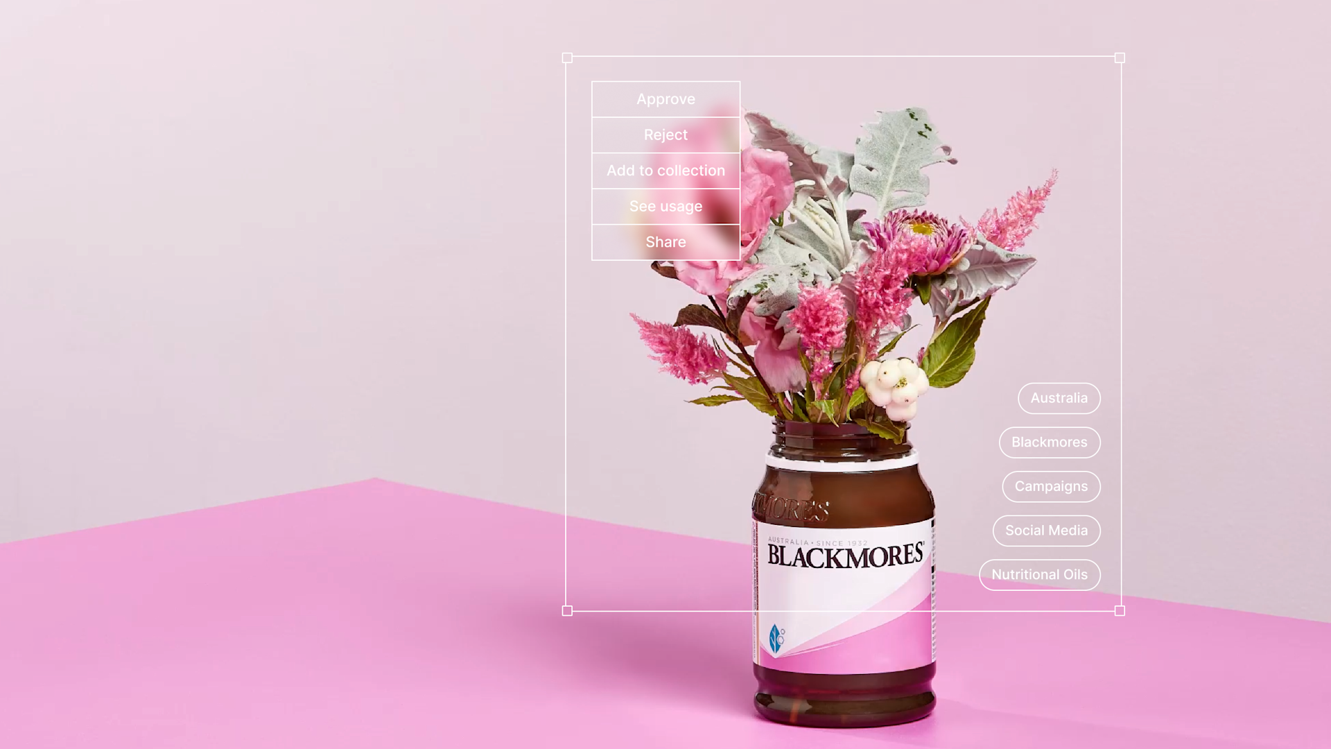 A bouquet of pink and white flowers arranged in a brown BLACKMORES bottle sits on a pink surface with a pale pink background. On-screen interface options and tags overlay the image.