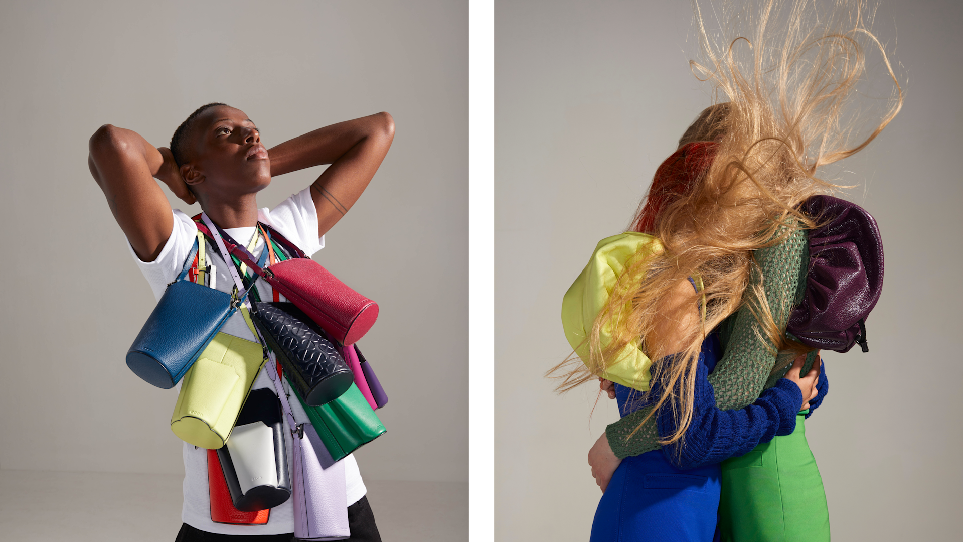 Split image: On the left, a person poses with multiple colorful handbags draped over their arms and shoulders. On the right, two people with flowing hair embrace, both wearing bright clothing and backpacks.