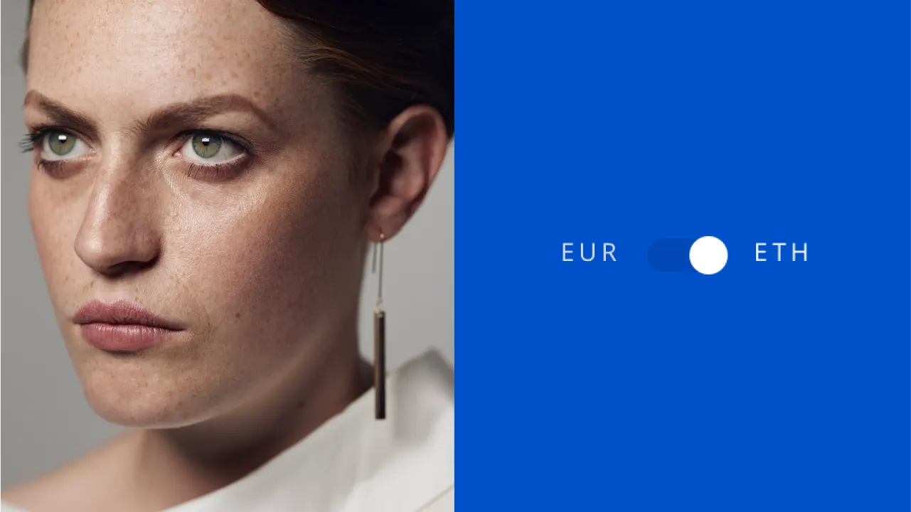 A woman with fair skin, green eyes, and red hair wearing a long earring and white top, shown in a close-up portrait. Beside her, a blue background displays a toggle switch between EUR and ETH.