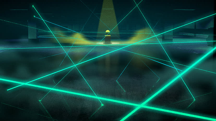 A dimly lit room filled with glowing green laser beams crisscrossing in various directions. In the background, a yellow spotlight shines on a pedestal with a glowing yellow object on top.