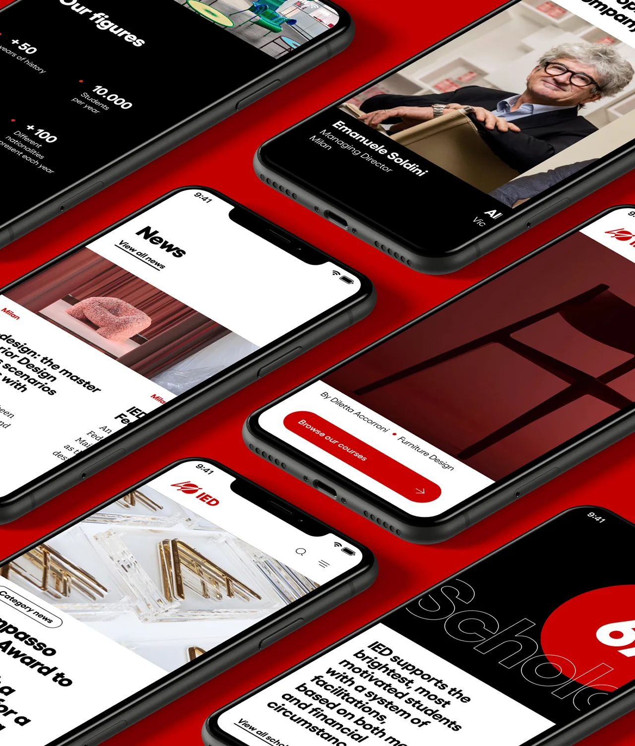 A top-down view of several smartphones on a red surface, each displaying different modern web pages with images and text related to news, design, and education.