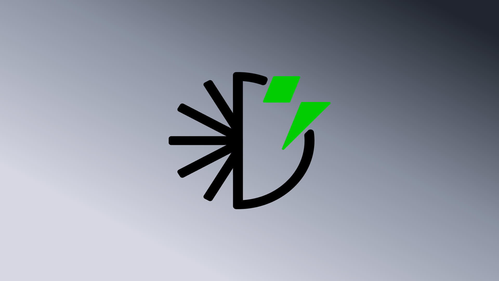 A black abstract geometric shape resembling a semicircle with rays on the left and two green right-angled triangles on the upper right, set against a gray gradient background.