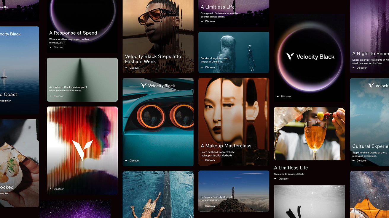 A collage of promotional images and event cards featuring luxury experiences, travel, fashion, drinks, nature and exclusive events with bold text overlays and the Velocity Black logo.