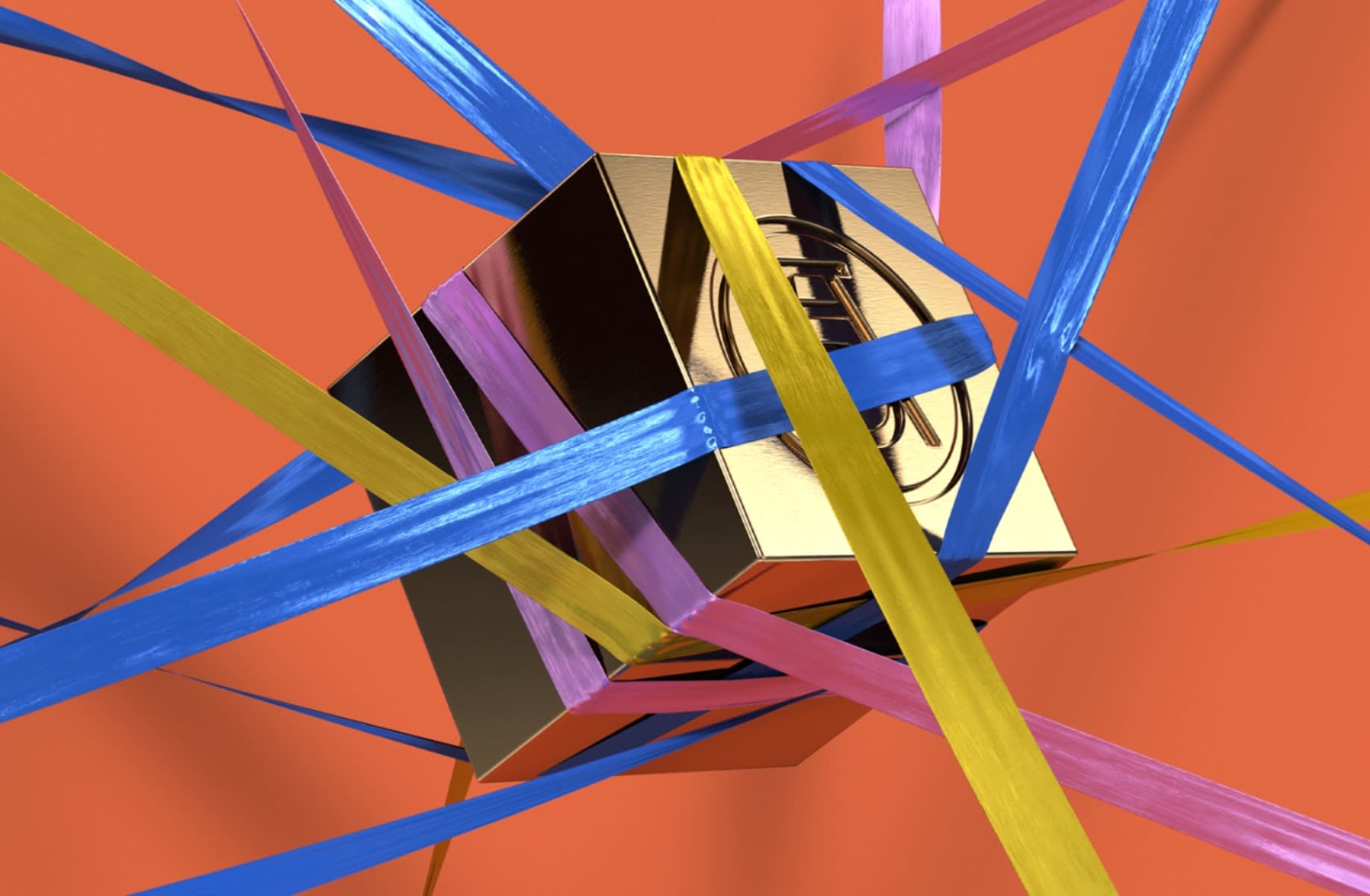A gold cube with an embossed circular design is suspended among intersecting ribbons in blue, yellow, and purple shades, set against a plain orange background.