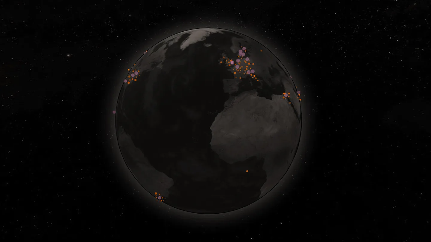A dark, shaded view of Earth with clusters of colored dots over Europe and parts of Africa, set against a starry black background, possibly indicating data points or locations.