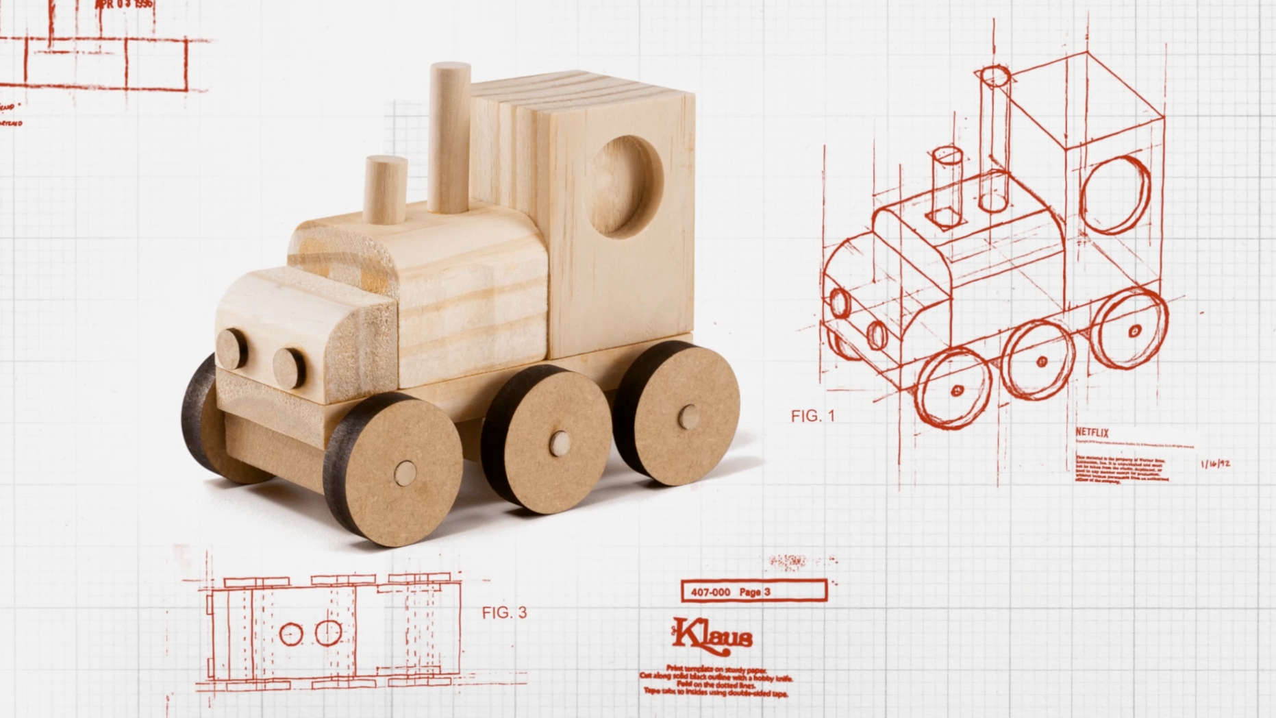 A wooden toy train with six wheels is shown beside red blueprint sketches of the same train on white graph paper, highlighting design plans and technical drawings.