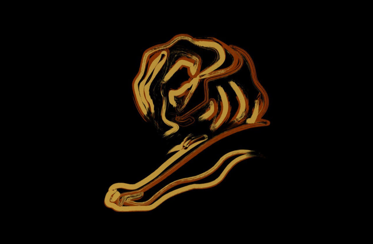 Abstract digital painting of a figure outlined in warm yellow and orange hues on a black background, with a bowed head and extended arm, conveying a sense of sadness or contemplation.