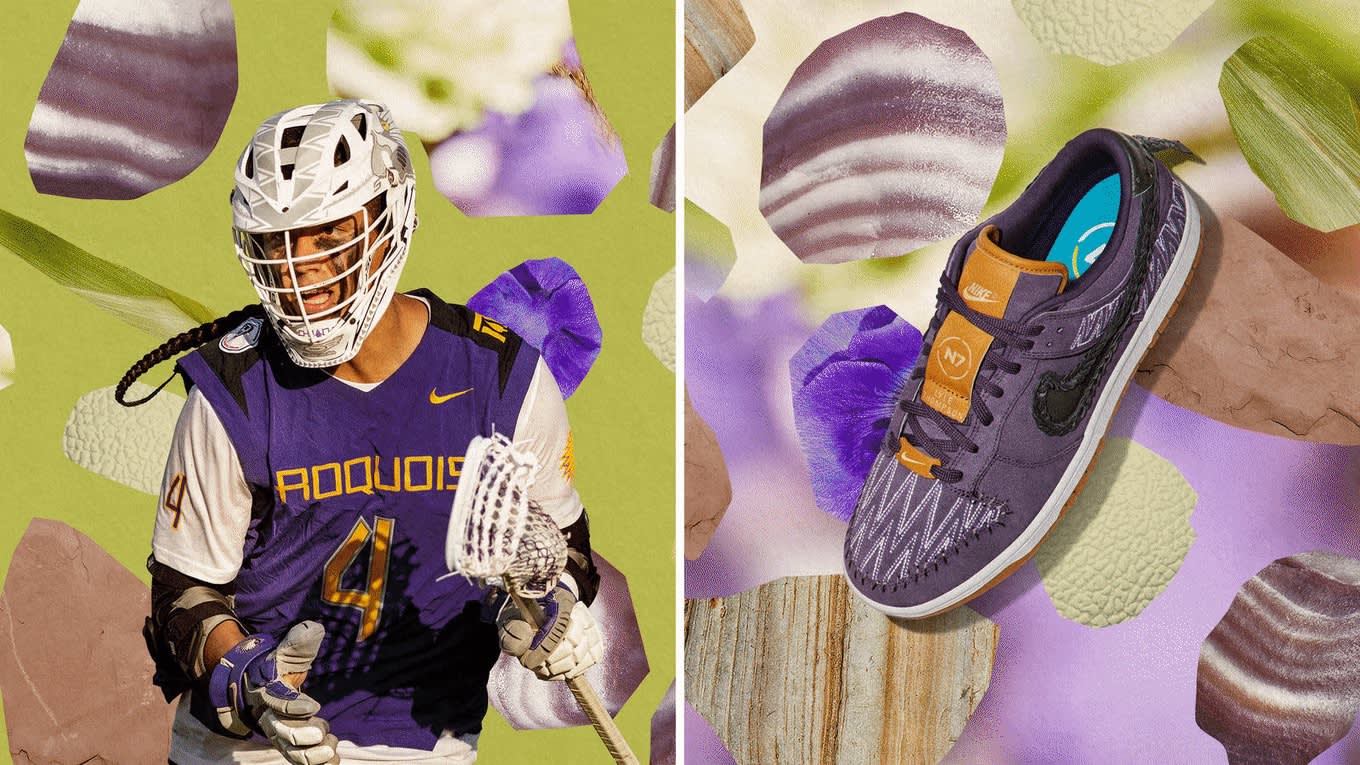 A lacrosse player in Iroquois Nationals gear stands on the left; on the right, a purple and brown Nike shoe is displayed on a background of abstract leaves and stones in green and purple tones.