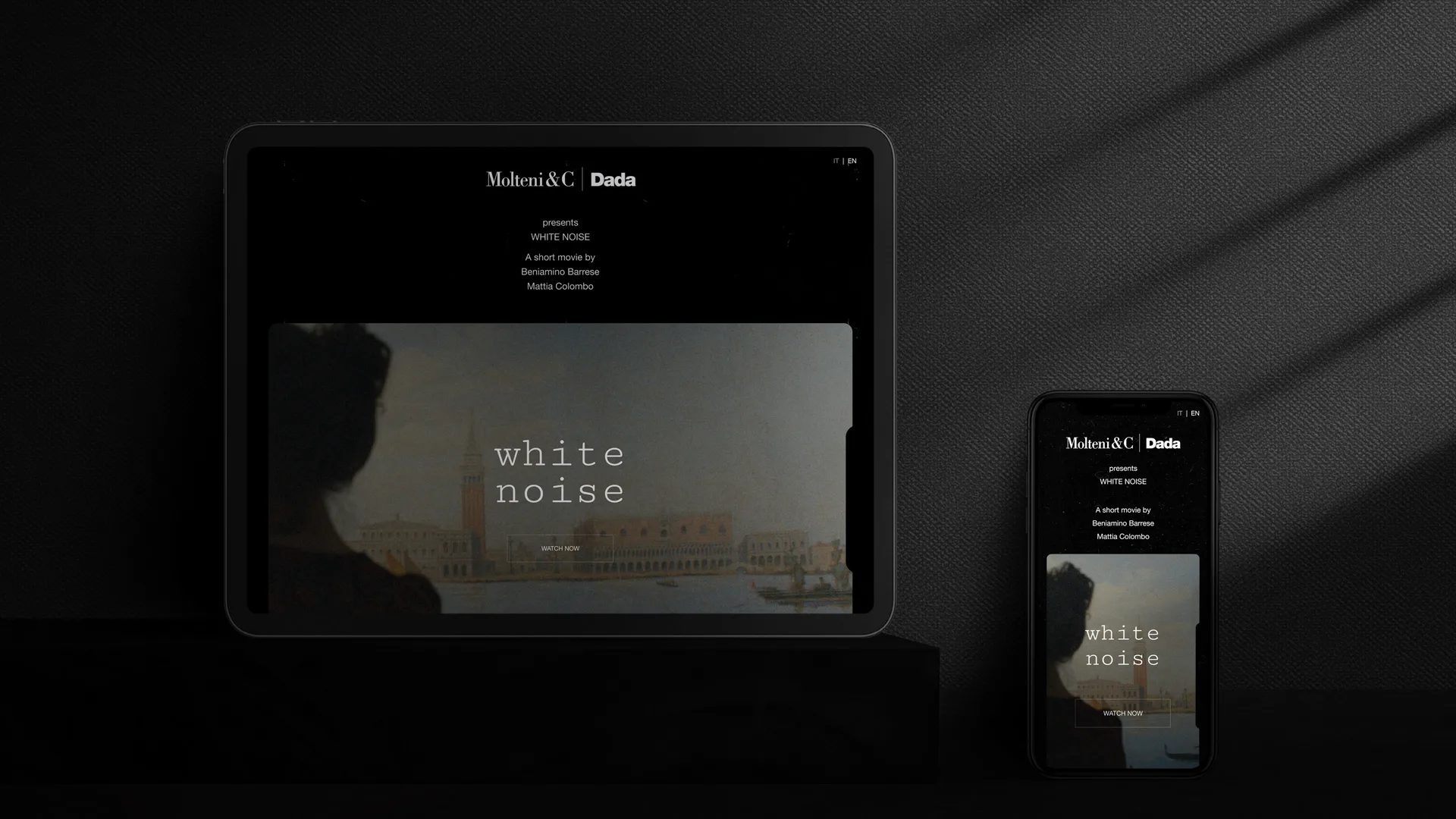 A tablet and a smartphone display the same website, featuring the text white noise over an artwork of a city by water, with Mohini & Co. Dada presents and other details at the top on a dark background.