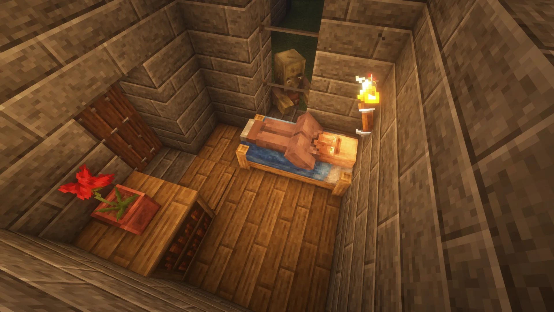A Minecraft villager lies in bed inside a small stone house. A torch is mounted on the wall, a potted red flower sits on a table, and a zombie is visible outside the window at night.