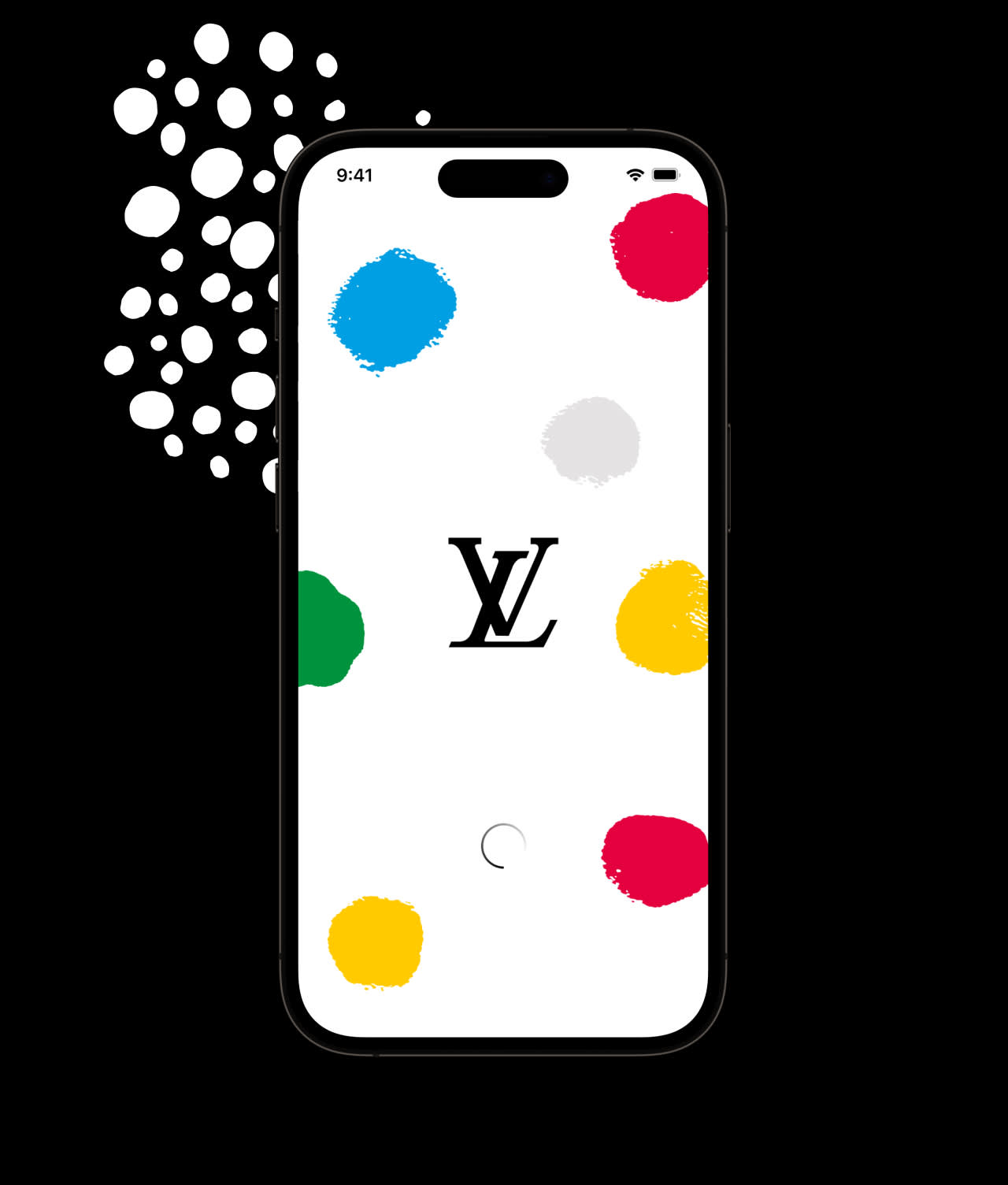A smartphone displays the Louis Vuitton logo on its screen, surrounded by colorful paint splatters (blue, red, yellow, green, and gray) on a white background. A dotted pattern appears behind the phone on the left.