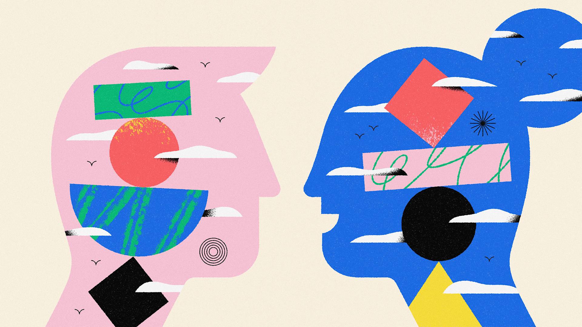 Abstract illustration of a pink male and a blue female face in profile, filled with colorful shapes and cloud elements, facing each other against a light background with small black birds.