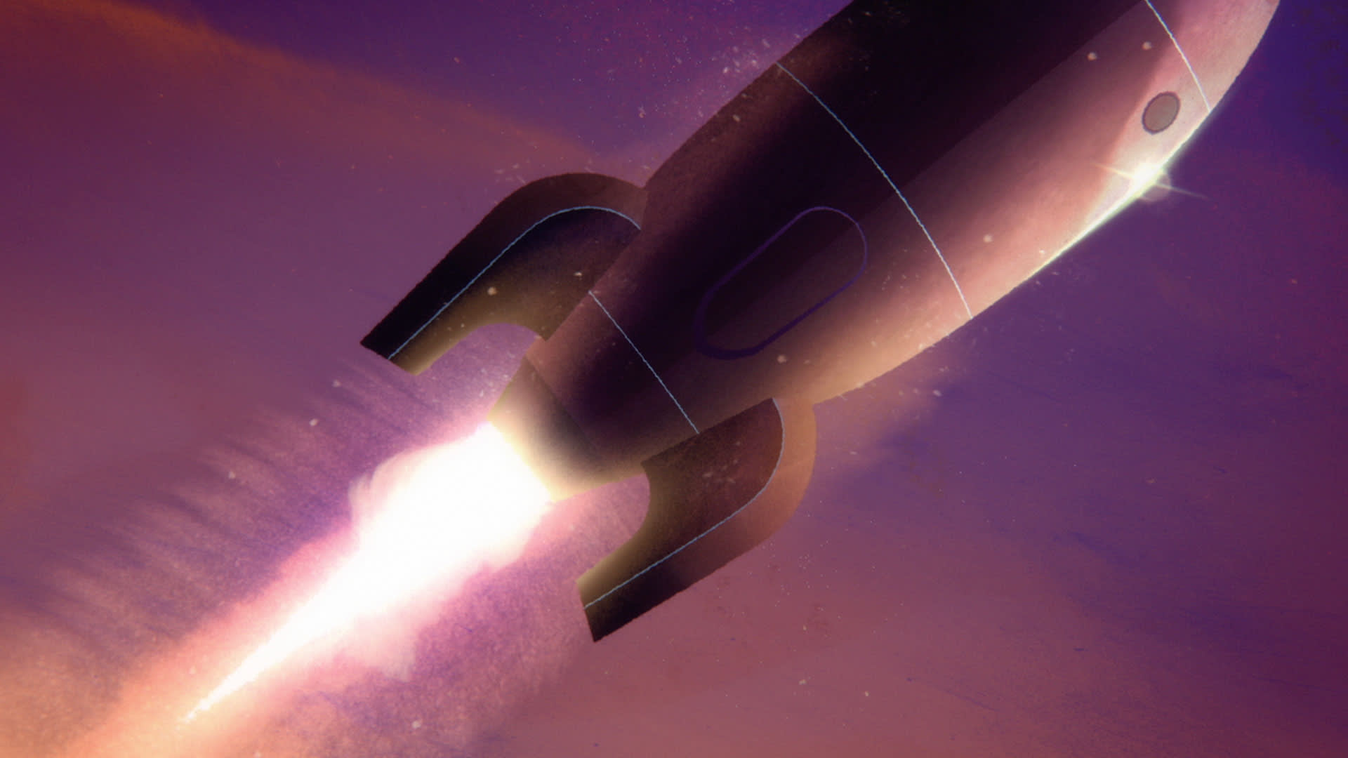 A stylized rocket shoots upward, leaving a bright, fiery trail against a purple and pink sky, suggesting the start of a space journey.