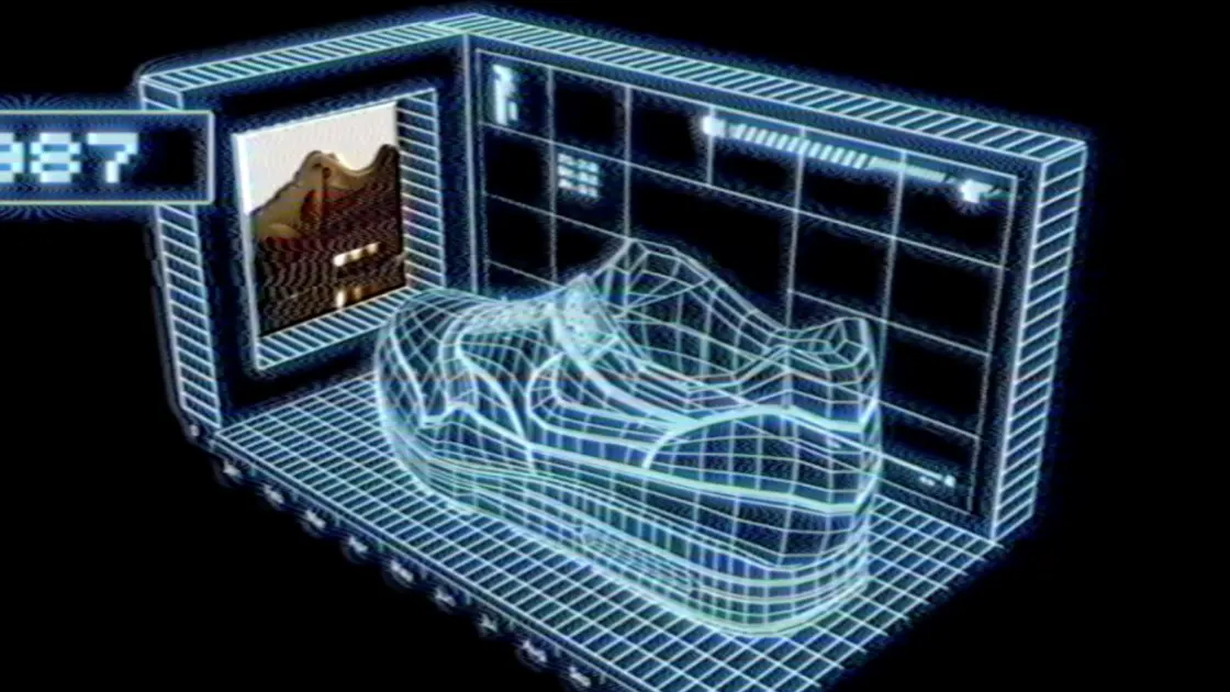 A digital wireframe of a sneaker is displayed in a 3D grid room, with a screen showing a photo of a desert landscape on the wall and the number 387 in the corner.