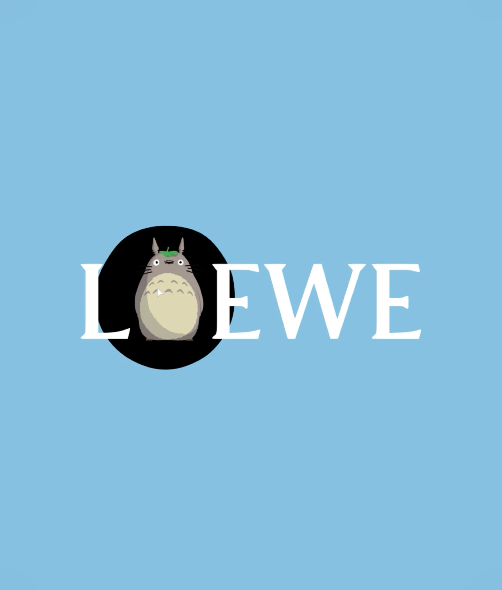 A white Loewe text logo sits on a light blue background. The letter O is replaced with a small grey animal cartoon character (Studio Ghibli’s Totoro from My Neighbour Totoro), on a black circular background.
