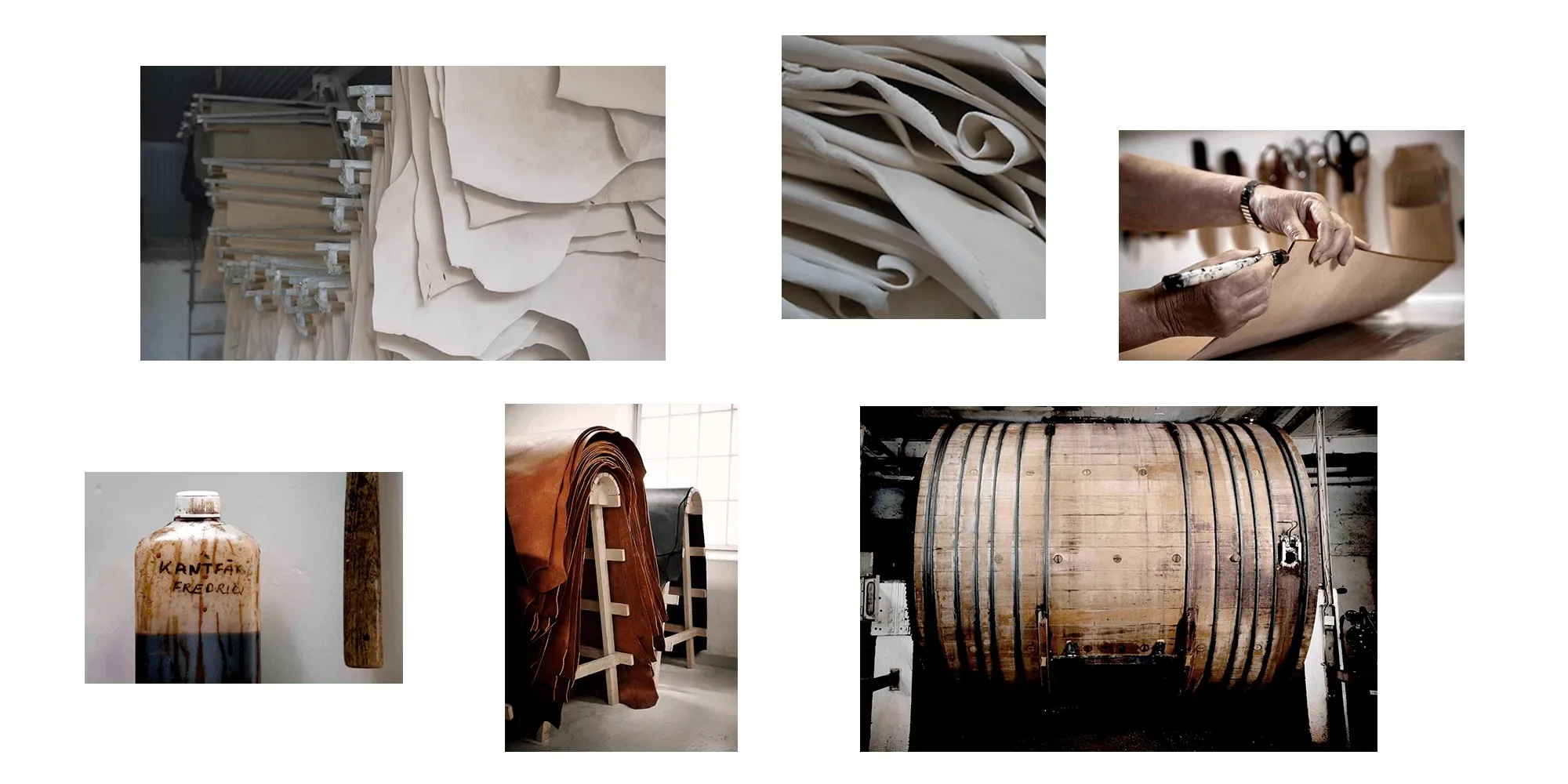 Collage showing stacked leather sheets, close-up of rolled leather, hands working on leather, a chemical bottle, tanned leather draped on racks, and a large wooden tanning drum.