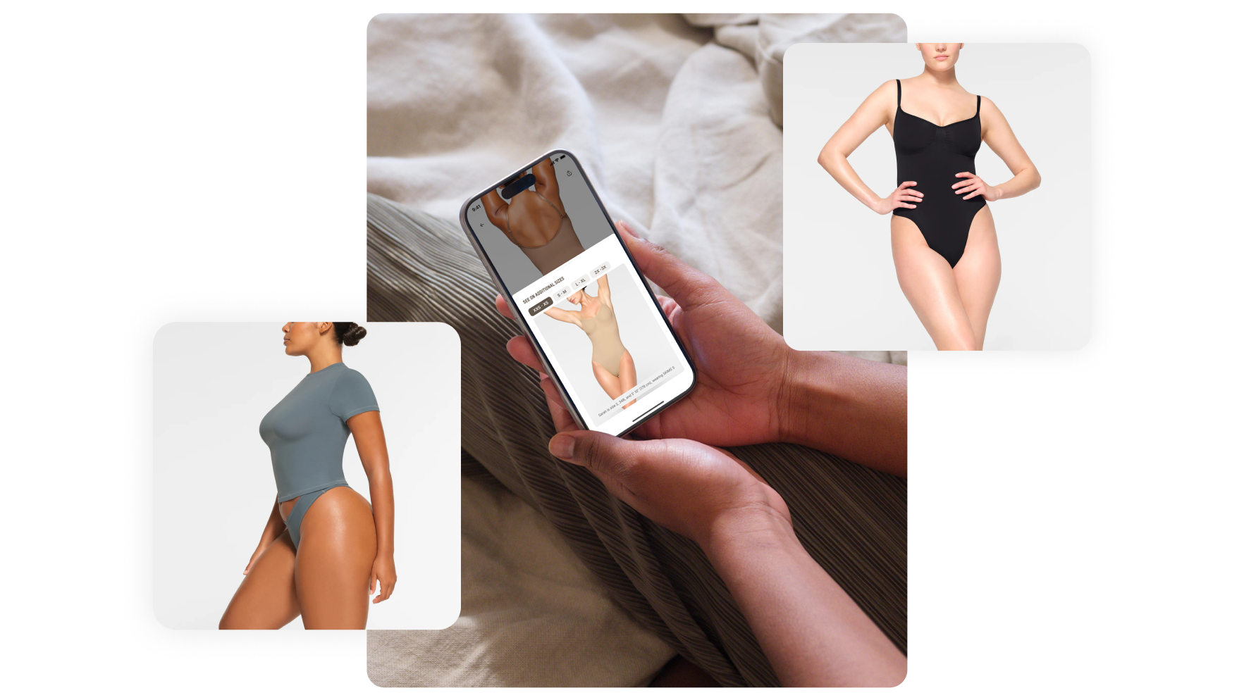 Hands hold a phone with underwear displayed. Top right a square image of a model wearing a black bodysuit overlaps the main image. Bottom left a square image of a model wearing a grey t-shirt and pants also overlaps the image.