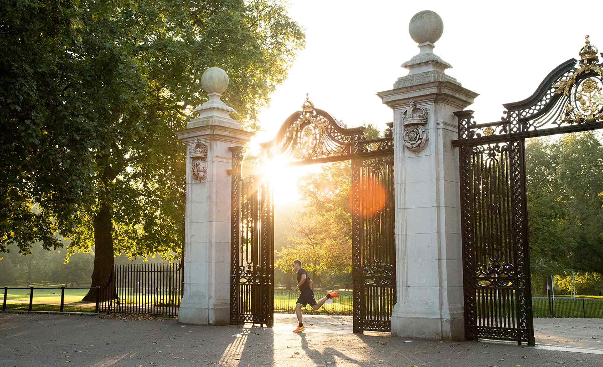 A person jogs through ornate wrought iron gates at sunrise or sunset in a park, with sunlight streaming through the gate and trees surrounding the entrance.