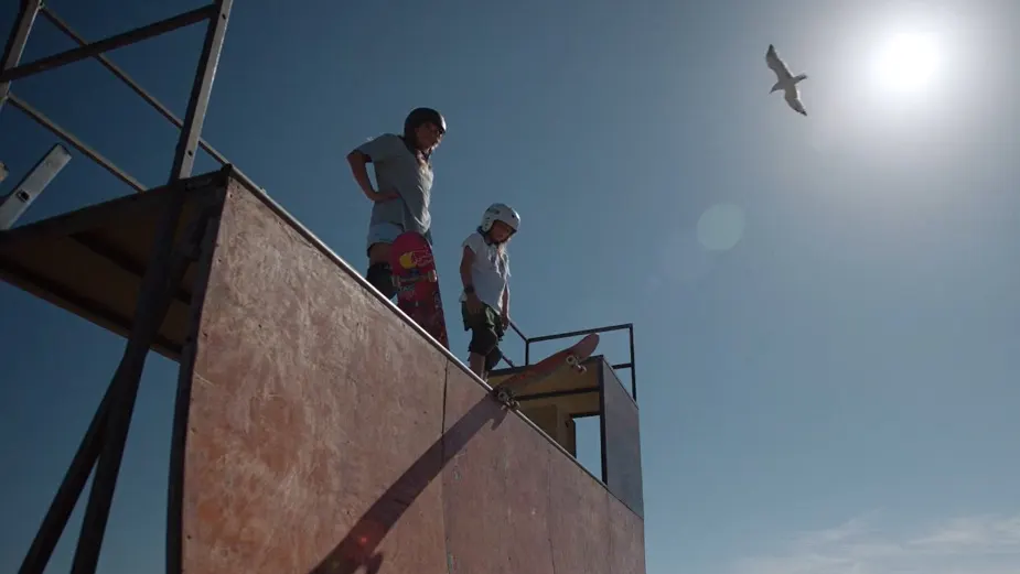 Two skateboarders wearing helmets stand at the top of a wooden ramp under a blue sky, with the sun shining and a bird flying overhead.