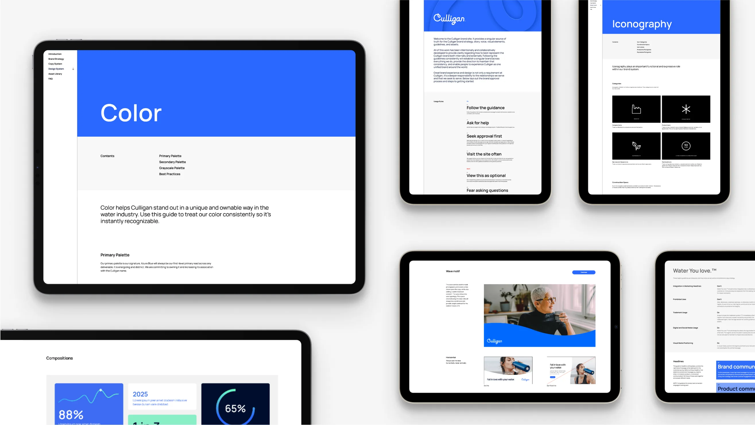 Several tablets are arranged on a white surface, each displaying different pages of a digital brand guideline, including sections on color, iconography, brand content, and visual elements.