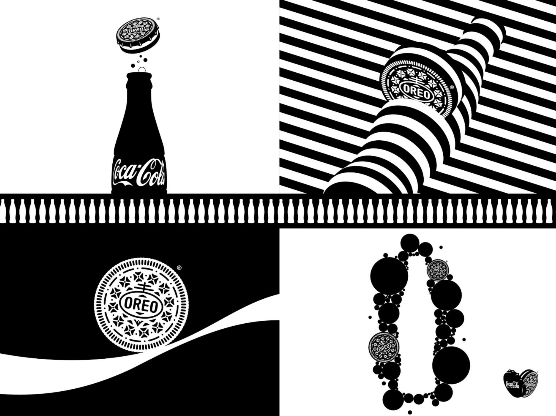 A black-and-white graphic features Oreo cookies and a Coca-Cola bottle in four quadrants, each with abstract designs including stripes, circles, and waves, focusing on the Oreo logo and cookie.