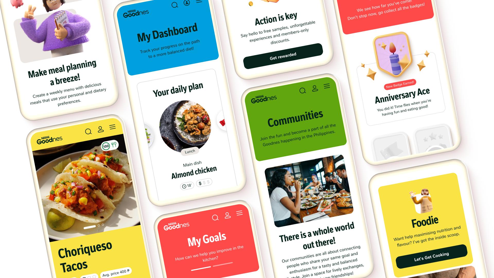 A collage of smartphone screens displays a meal planning app interface, featuring dishes, daily plans, communities, achievements, goal tracking, and colorful sections with photos of food and users.