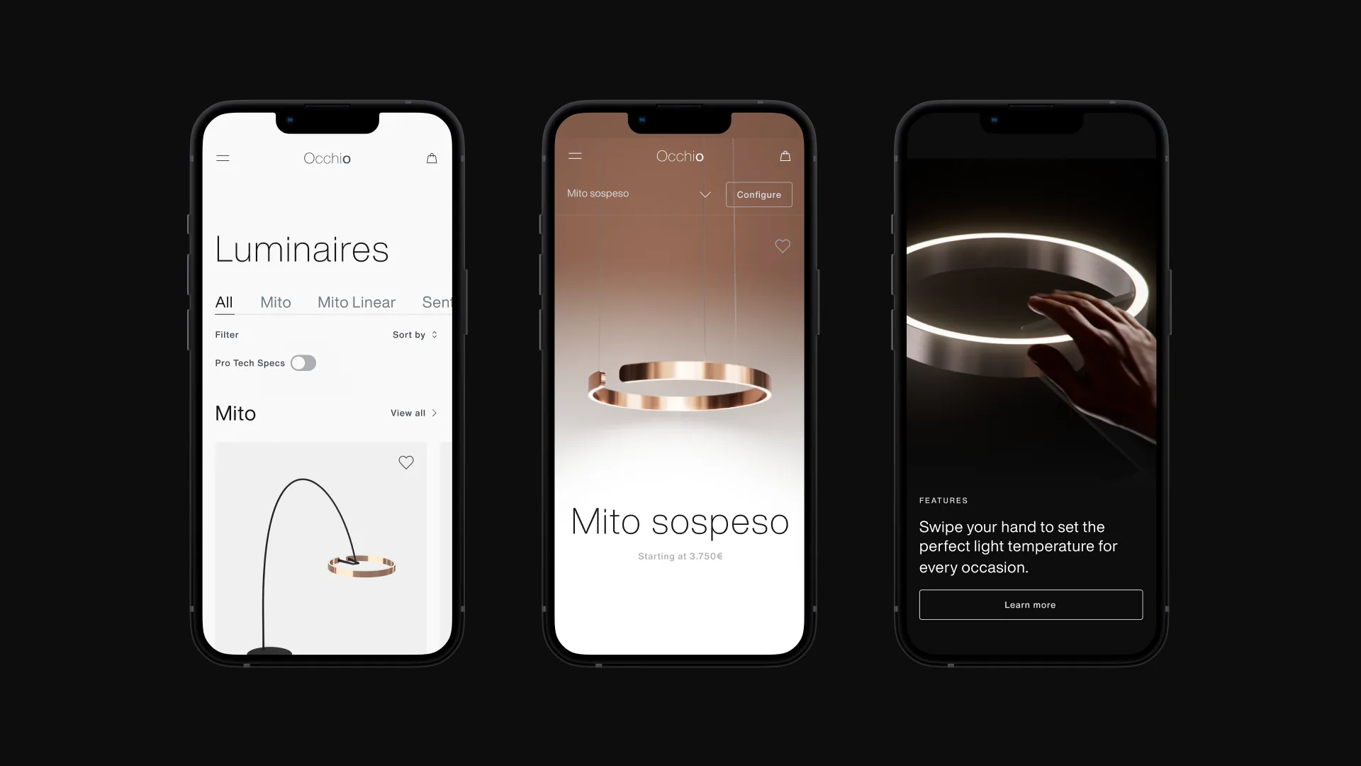 Three smartphones display a lighting design app interface, showcasing modern circular pendant lights, product details, and a feature to adjust light temperature using hand gestures. The background is black.