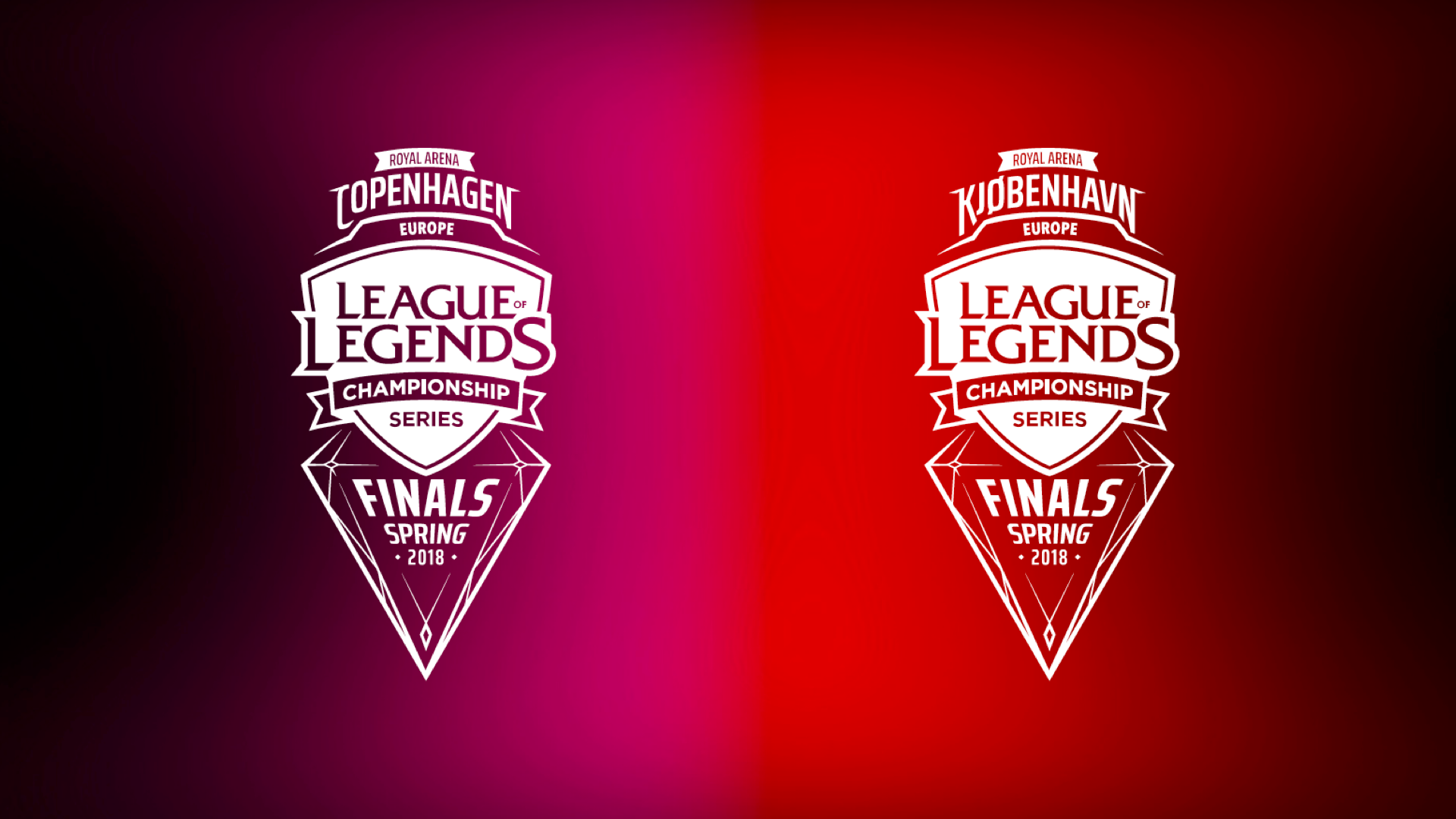 Two League of Legends Championship Series Spring 2018 Finals logos, one on a pink background with Copenhagen and one on a red background with København, both featuring stylized tournament emblems.