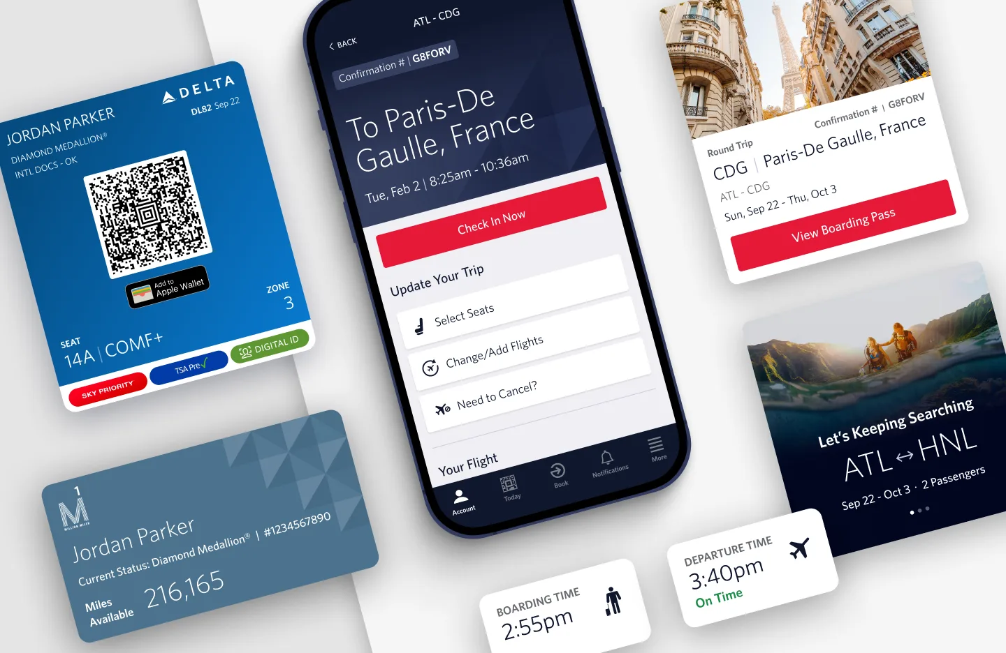 A digital mockup displays a smartphone with a flight booking app open, showing a Paris flight. Surrounding it are airline boarding passes, a QR code, a hotel membership card, clocks, and departure info.