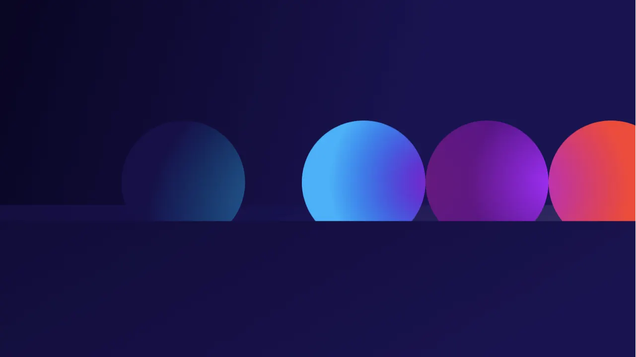 Three colorful spheres—blue, purple, and orange—sit side by side on a dark blue background, with a faint shadowy sphere to the left. The scene has a smooth, abstract, and gradient style.