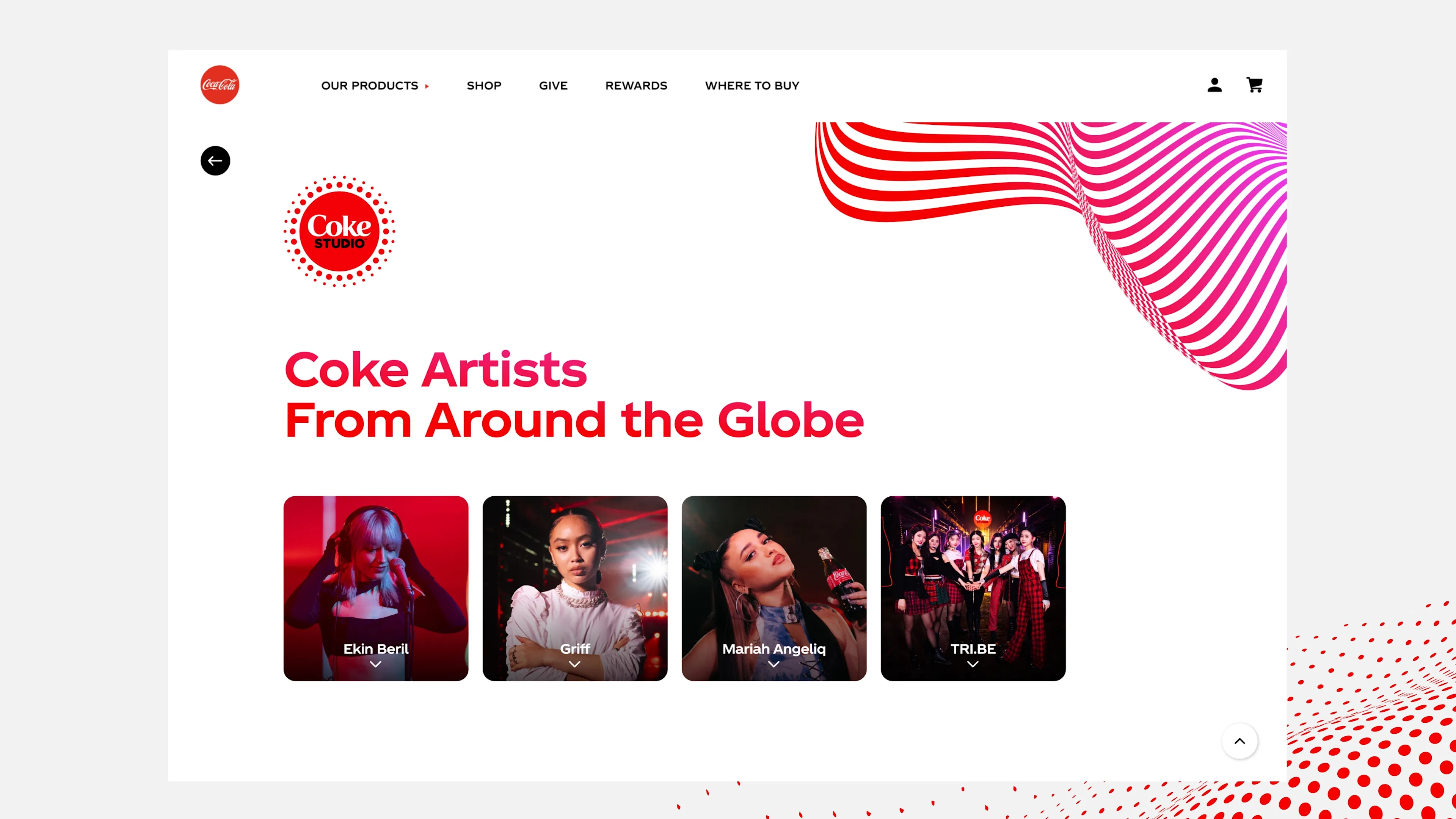 Homepage of Coke Studio’s website featuring a header, a red wave graphic, and a section showcasing four Coke Artists: Ekin Beril, Girl, Mariah Angeliq, and TRI.BE with their photos and names displayed.