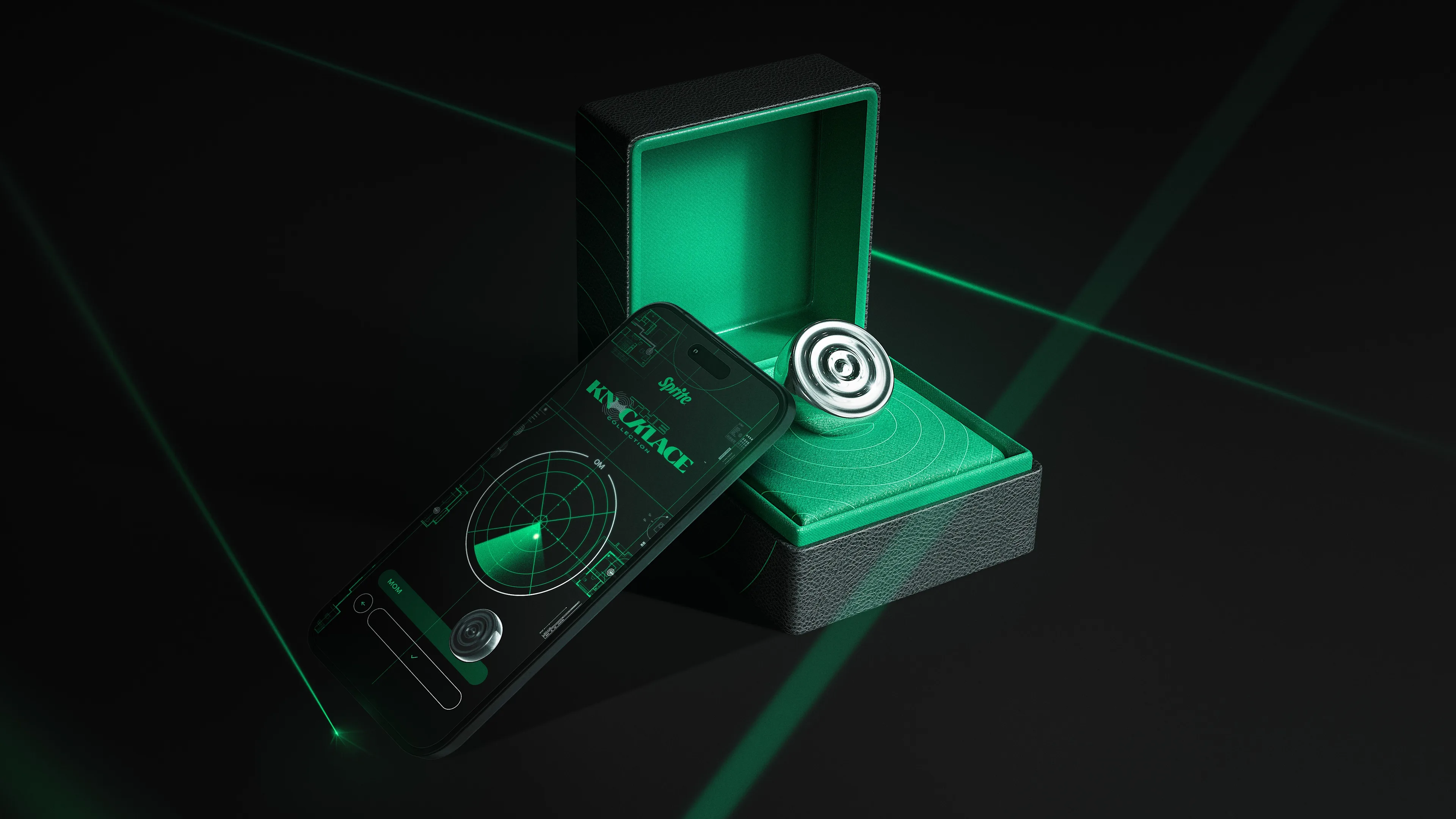 A black and green ring box contains a metallic ring. Next to it, a smartphone displays a radar-like interface with the word KNOWTRACE. Green laser lines cross the dark background.
