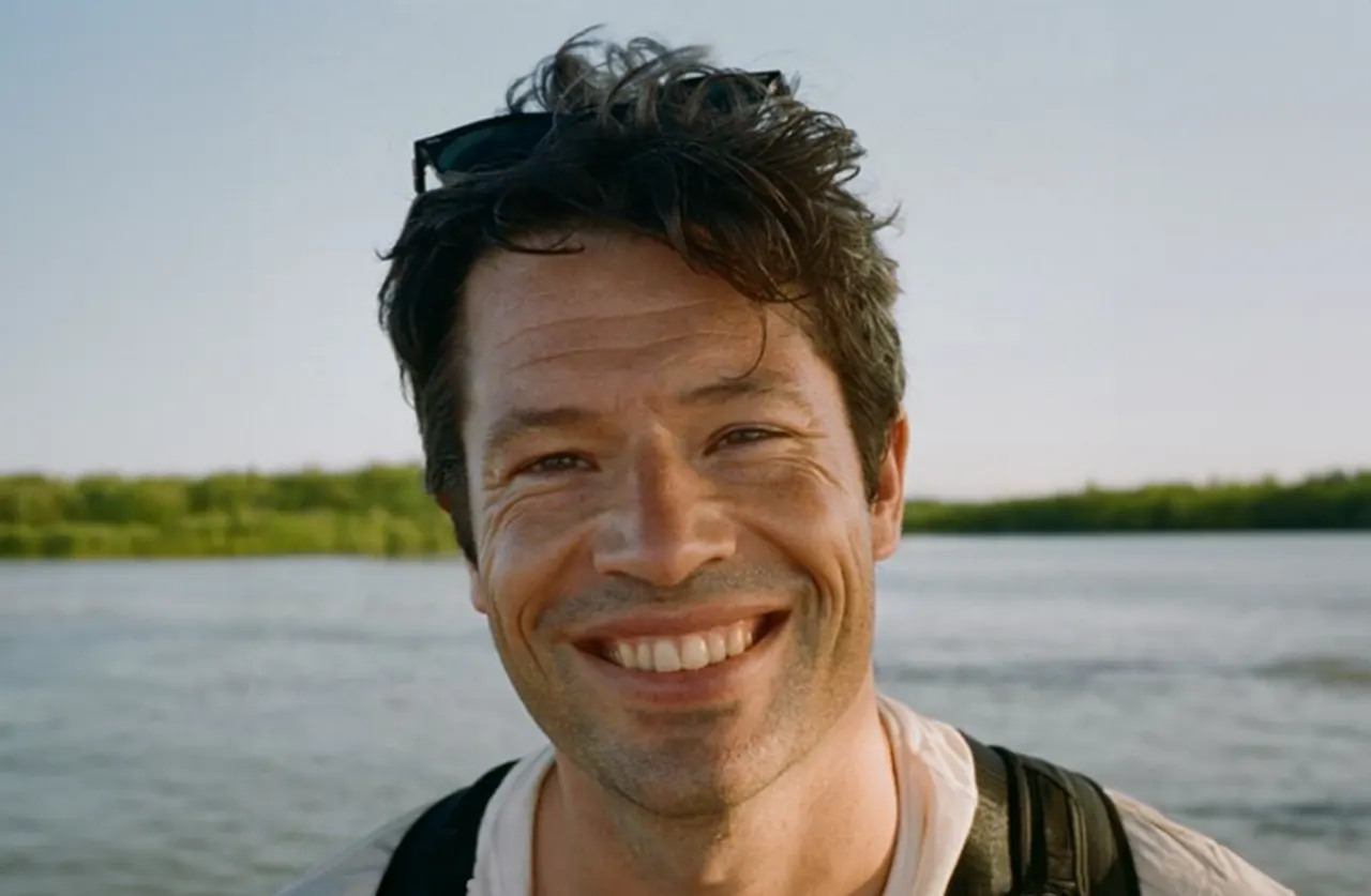 A smiling man with tousled dark hair and sunglasses on his head stands near a body of water, with green trees and a clear sky in the background.