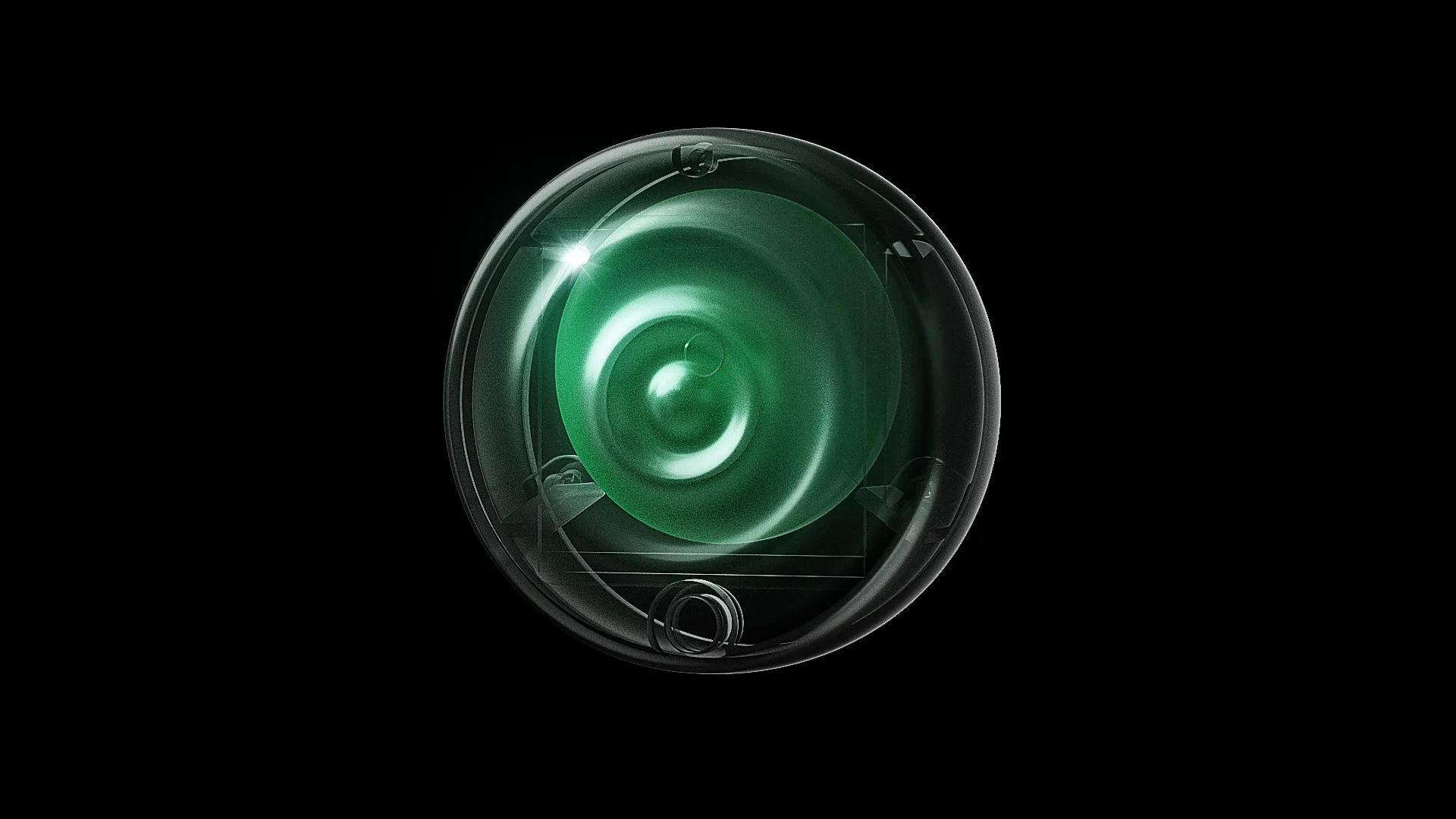 A close-up image of a circular green lens or speaker with a glossy surface, illuminated by a light reflection, set against a solid black background.