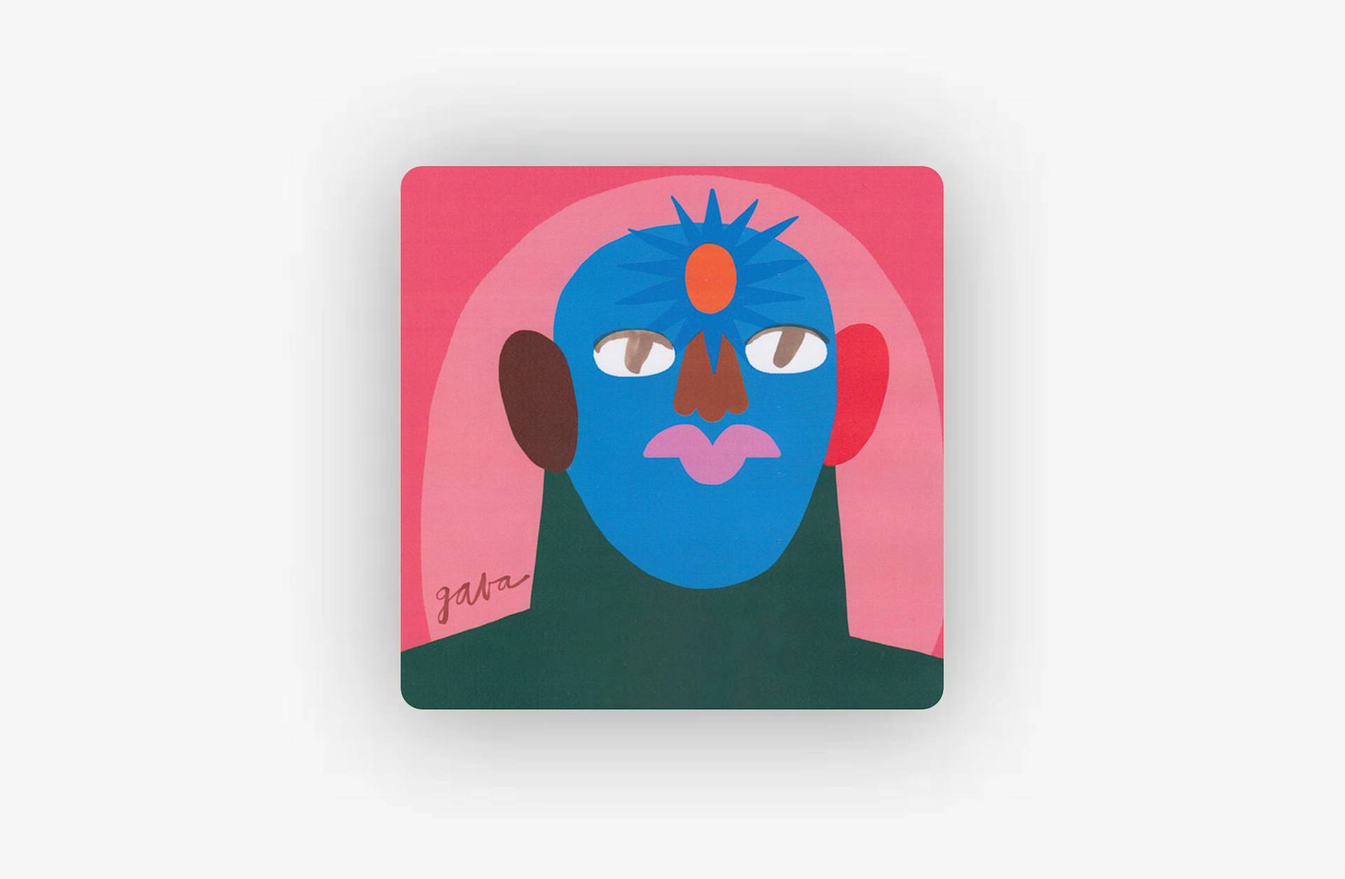 Colorful abstract artwork of a face with blue skin, pink lips, large eyes, and an orange oval on the forehead, set against a vibrant pink background. The artists signature appears at the lower left corner.