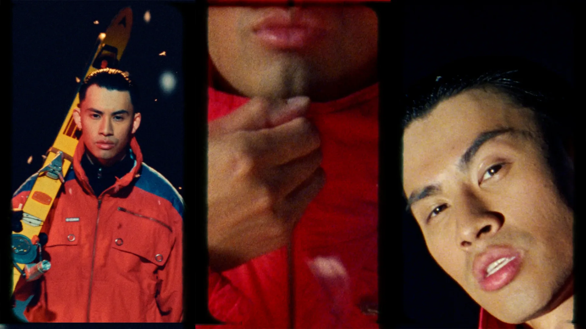 A filmstrip-style image shows a man in a red jacket holding skis, a close-up of his chin with hand gesture, and a close-up of his face, all set against a dark background.