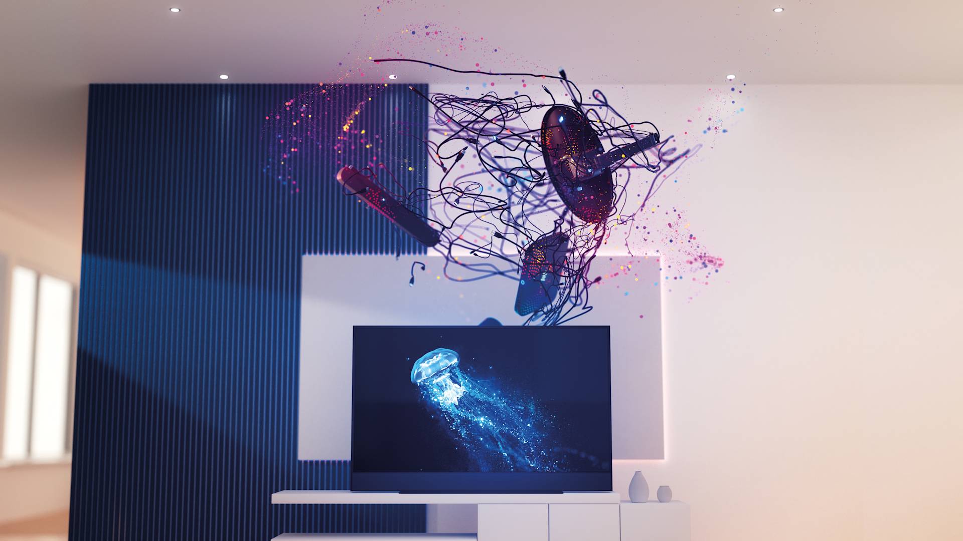 A digital illustration shows a glowing jellyfish on a TV screen, with abstract, colorful lines and shapes emerging from the screen into the room, creating a dynamic, futuristic atmosphere.