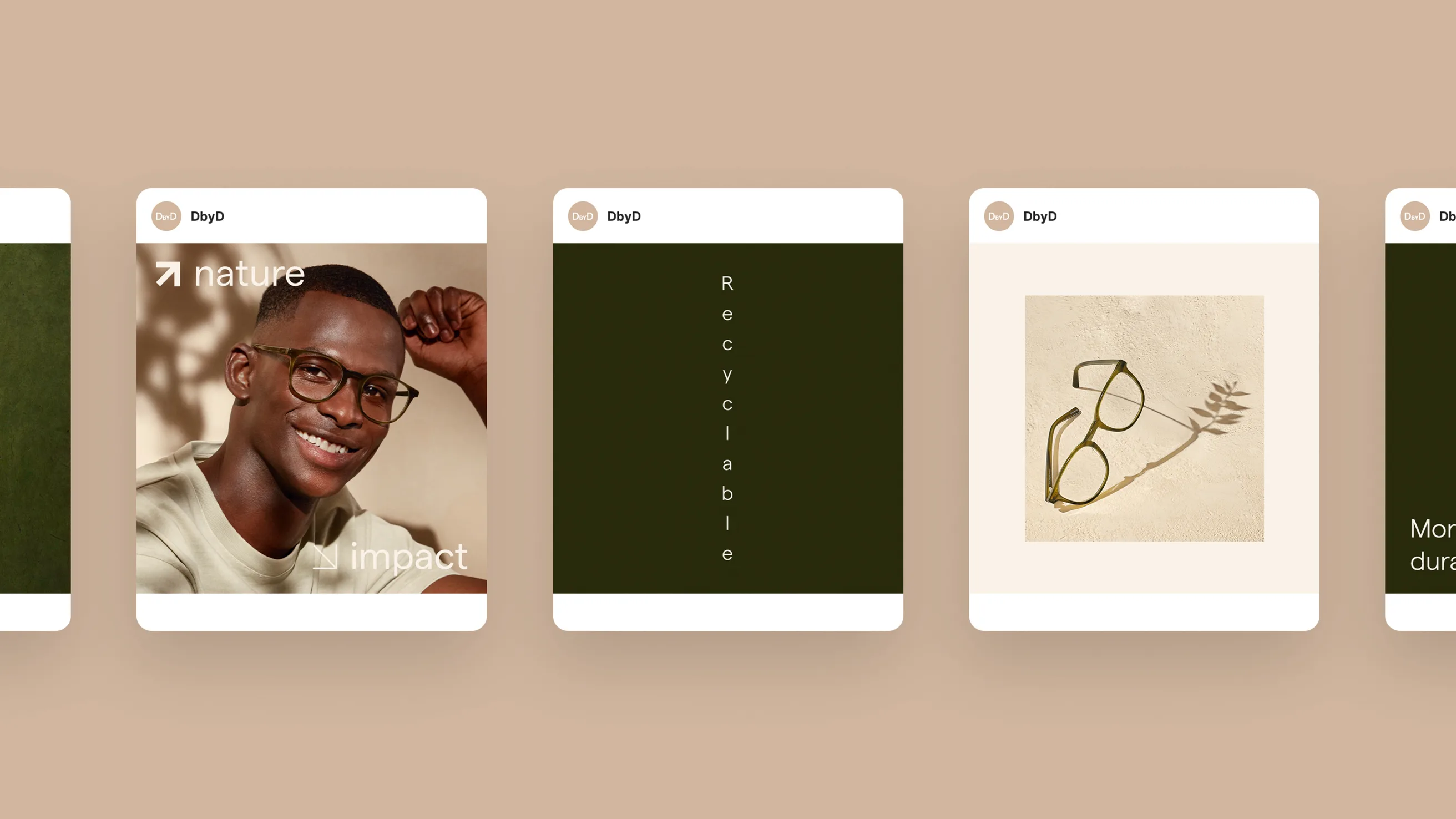 A series of four social media-style cards feature eco-friendly themes: a smiling man in glasses, the words Recyclable vertically, glasses casting a shadow, and the partial phrase More durable on green backgrounds.