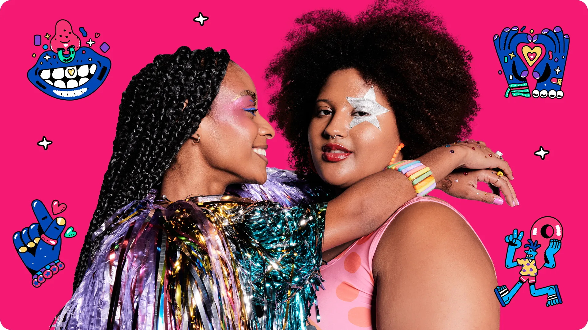 Two women joyfully embrace against a bright pink background, wearing colorful makeup and glittery outfits. Cartoon-style illustrations of hands, lips, and hearts surround them, adding a playful, celebratory vibe.