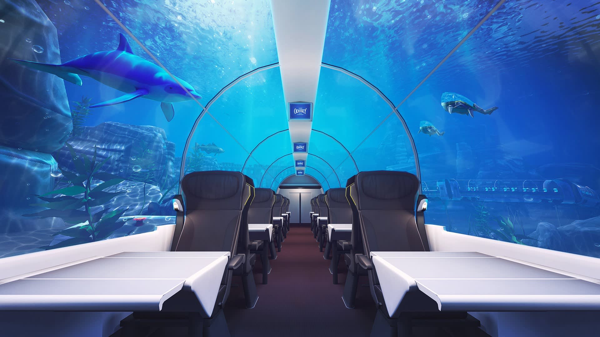 Rows of empty seats and tables inside a futuristic train with glass walls, surrounded by an underwater scene with dolphins, fish, and turtles swimming outside.