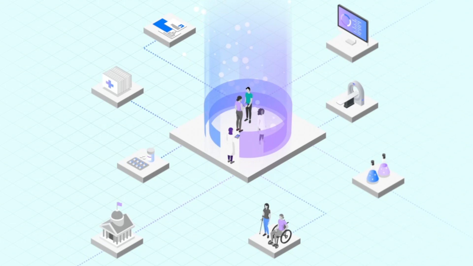 An illustration showing people interacting in the center, surrounded by icons representing healthcare, research, government, technology, and accessibility, all connected by dotted lines on a grid background.
