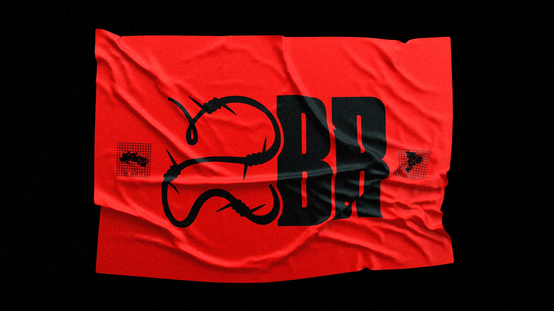 A red, wrinkled cloth with bold black letters BR, two barbed wire graphics, a grid with an abstract shape on the left, and a smaller design on the right, all set against a black background.