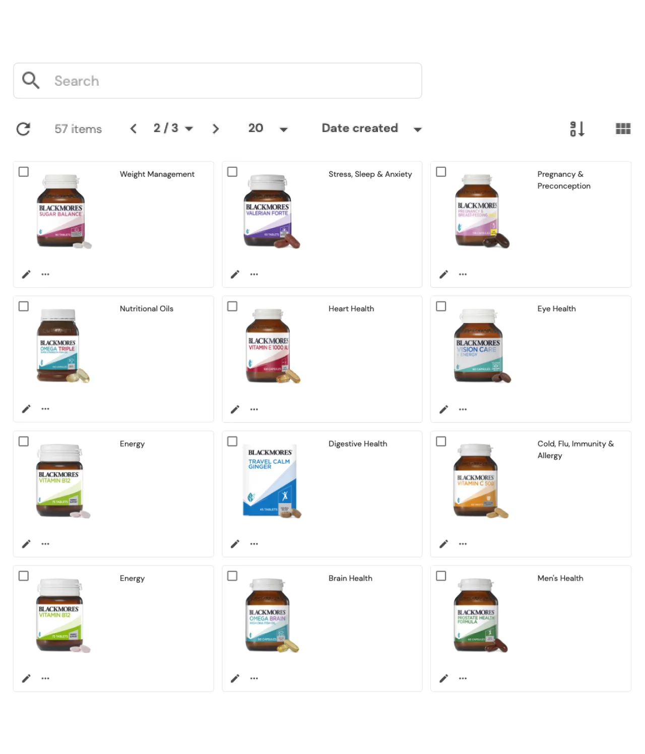 A grid view of supplement bottles organized by health categories, including Weight Management, Stress, Pregnancy, Nutritional Oils, Heart, Eye, Digestive, Immunity, Energy, Brain, and Men’s Health.