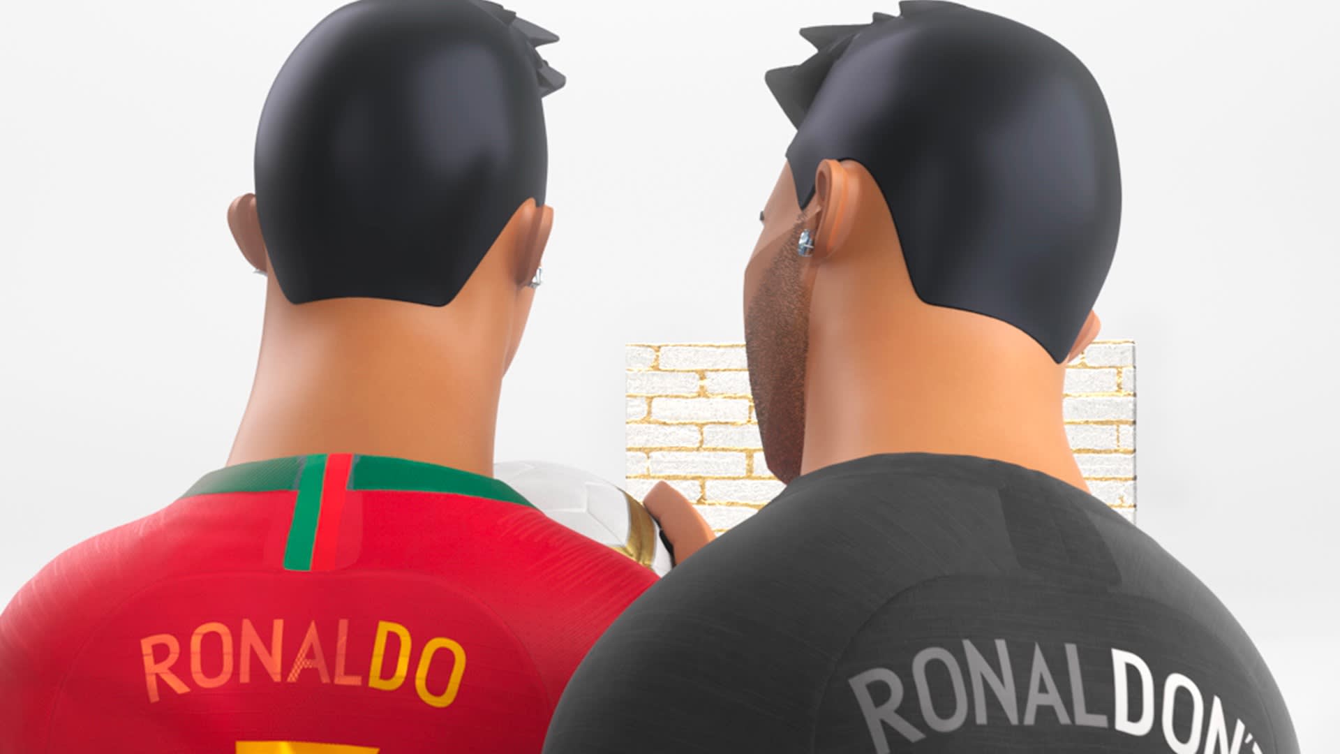 Two animated soccer players stand side by side, seen from behind. One wears a red jersey labeled Ronaldo, the other a black jersey labeled Ronaldon. Both have short dark hair and are facing a brick wall.