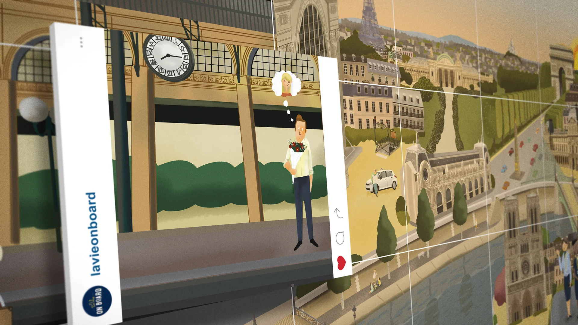 A digital illustration shows a cartoon person holding flowers, standing on a bridge in front of a large clock. The scene is framed like a social media post, with a Paris cityscape mural in the background.