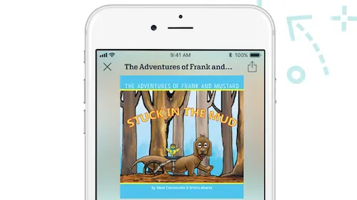 A smartphone displays the cover of a childrens book titled Stuck in the Mud from The Adventures of Frank and Mustard, featuring cartoon dog characters in a forest with one dog pulling another from mud.