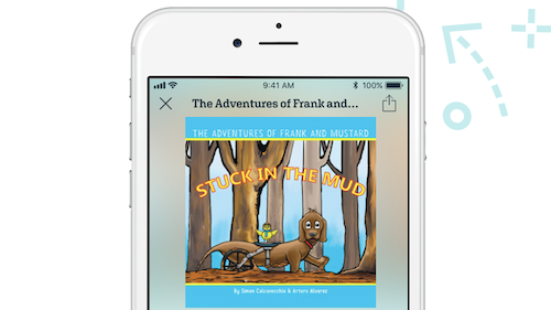 A smartphone displays the cover of a childrens book titled Stuck in the Mud from The Adventures of Frank and Mustard, featuring cartoon dog characters in a forest with one dog pulling another from mud.
