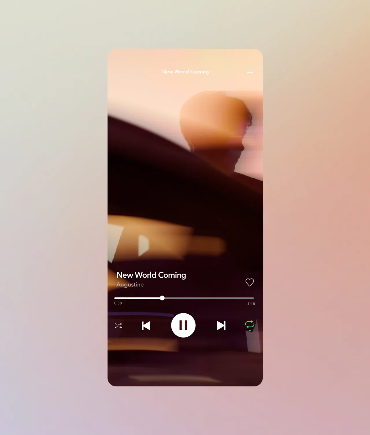 A music app screen shows New World Coming by Augustine playing. The background image is a blurred silhouette of a person with warm light, and playback controls are visible below the song title.