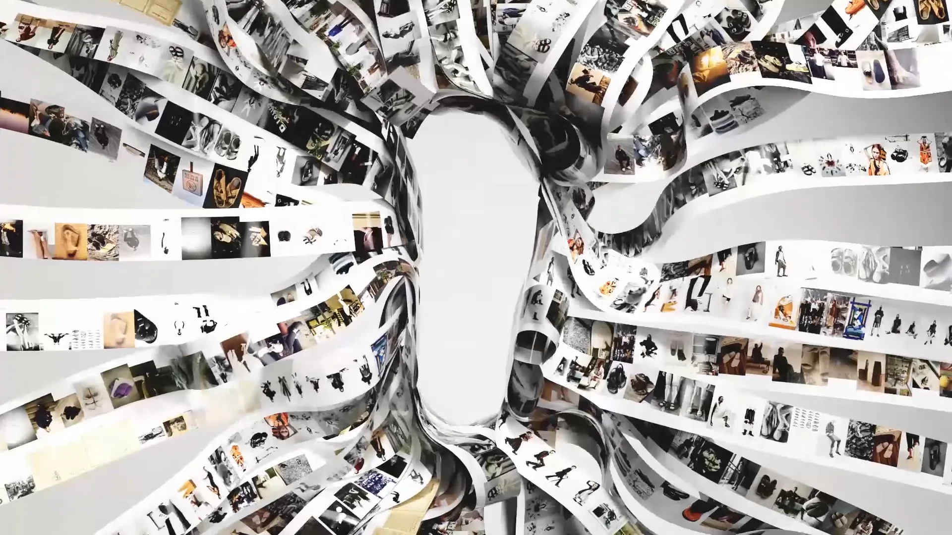 Curved strips of paper covered with many small photos radiate from a central, vertical, blank white space, creating a swirling, tunnel-like effect. The photos depict various people, objects, and scenes in different colors.